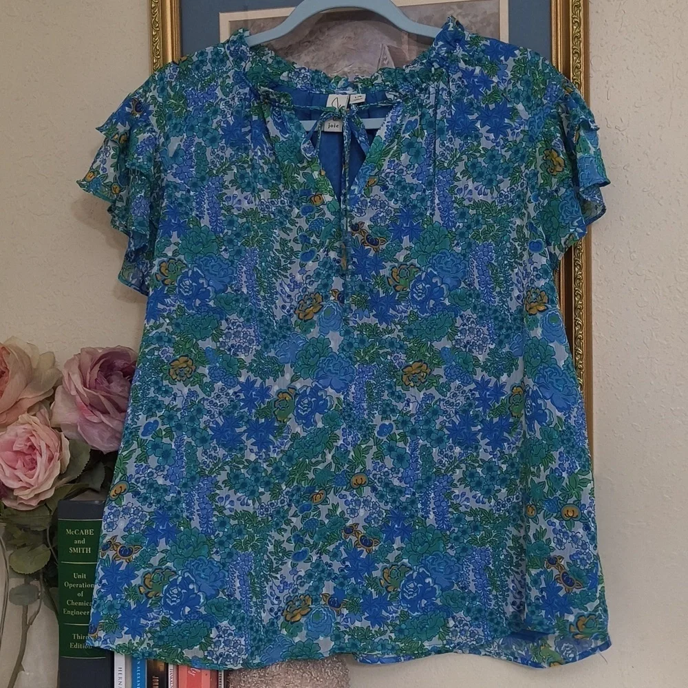 Joie Floral Blue and Green Women's Top Garden Party Brunch Career Large Vacation - Picture 3 of 15